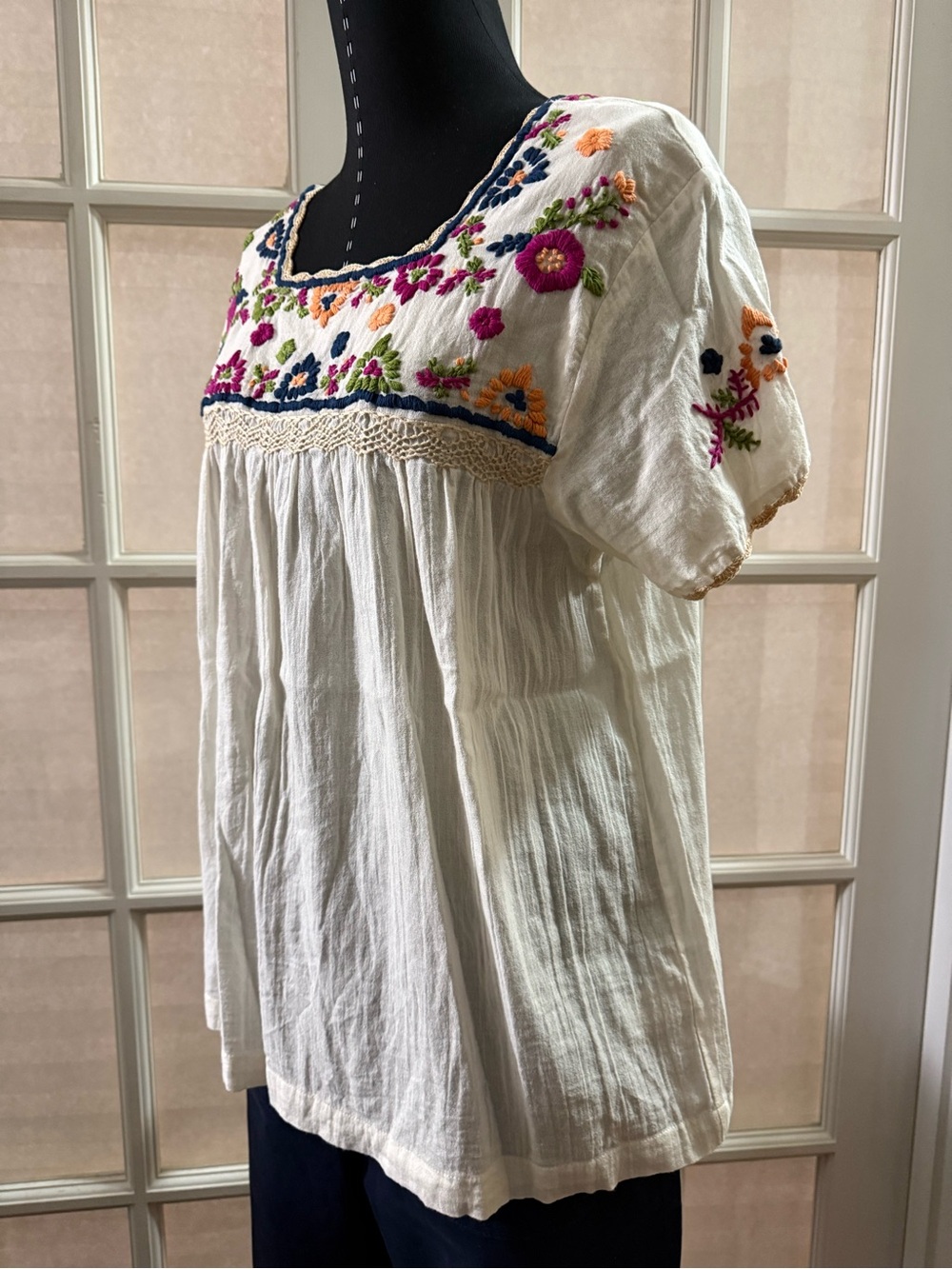 THML White Embroidered Peasant Tunic with Multicolor Floral Yoke - Picture 4 of 5